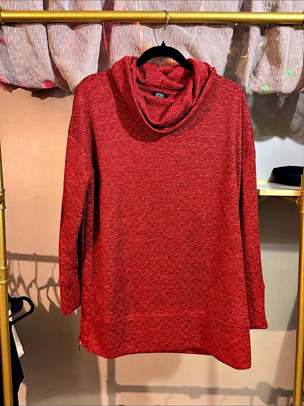 Jones New York Red Glitter Cowl Neck Tunic Size Medium Like New